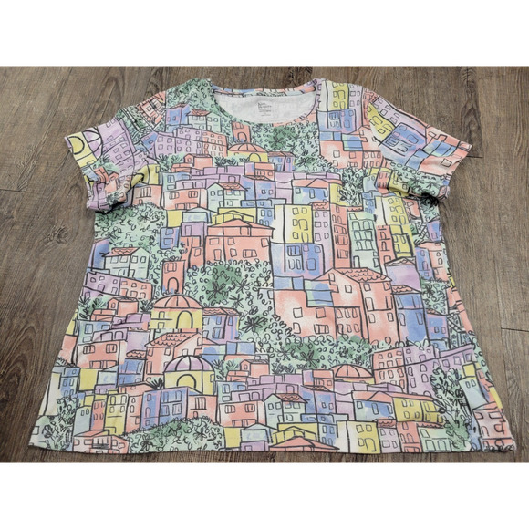 Kim Rogers Perfectly Soft Short Sleeve Tshirt Blouse City Landscape Scene Large - Picture 1 of 5
